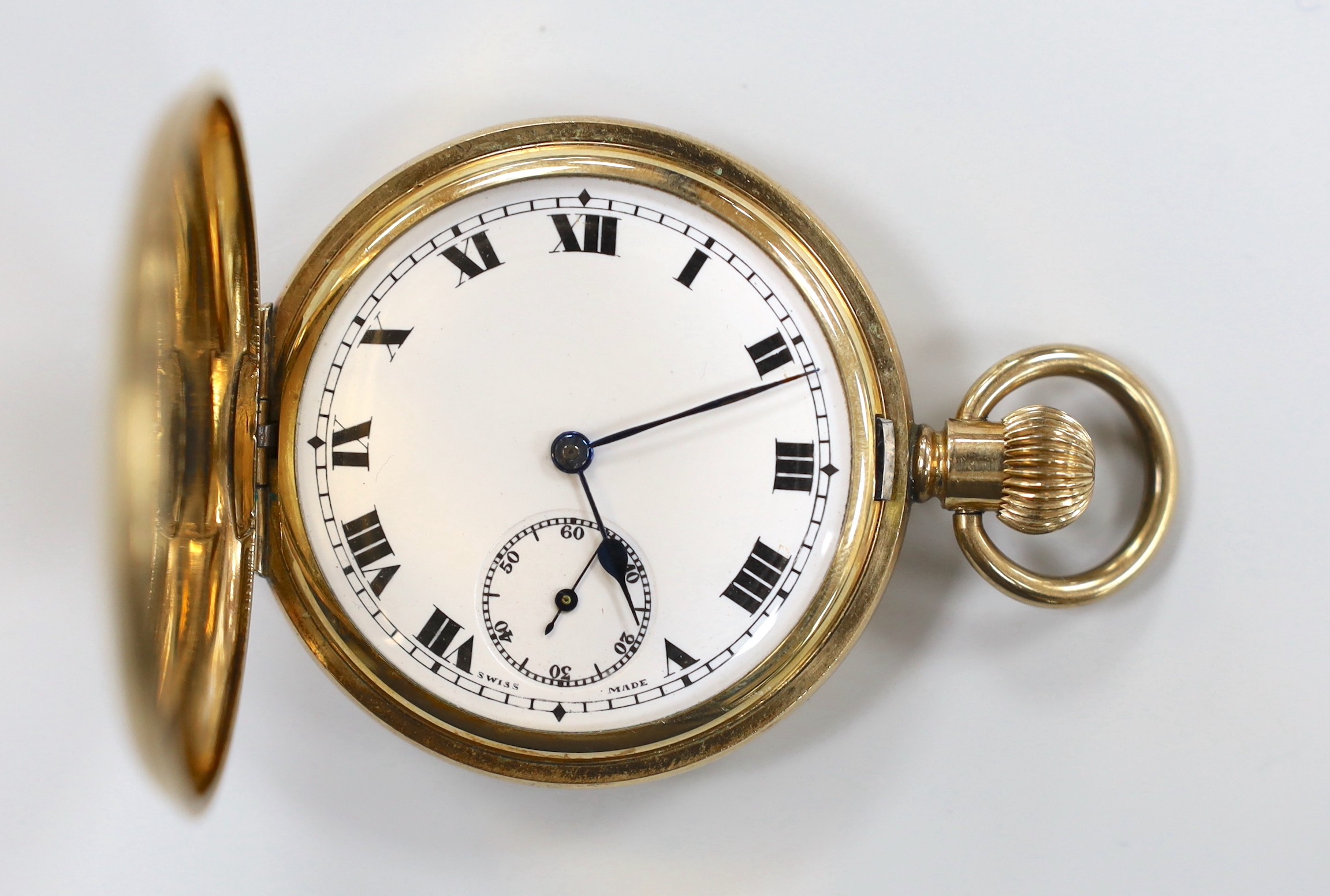 An Elgin gold plated keyless hunter pocket watch, with Roman dial and engraved interior inscription.